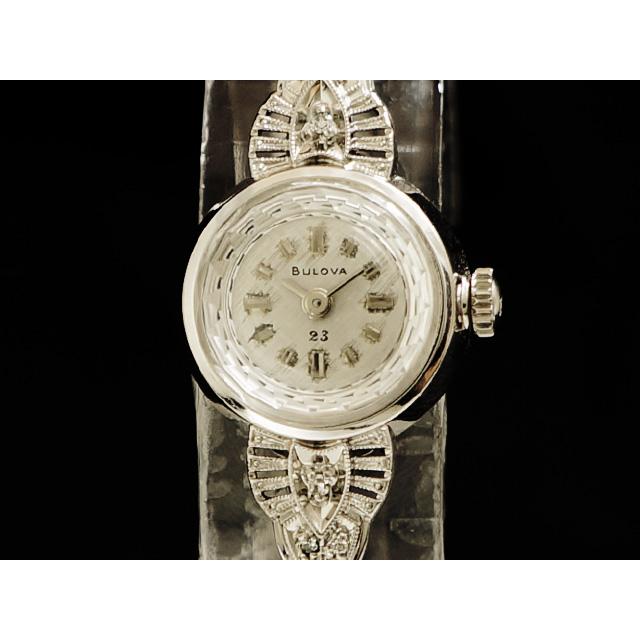 ブローバ – BULOVA – アンティーク ラウンド カットガラス 6Pダイヤモンド 14KWG/SS 手巻 レディース 腕時計 中古 USED
