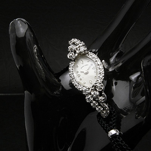 ハミルトン 24ポイントダイヤ装飾 アーモンドフェイス 14KWG アンティーク 手巻き レディースウオッチ