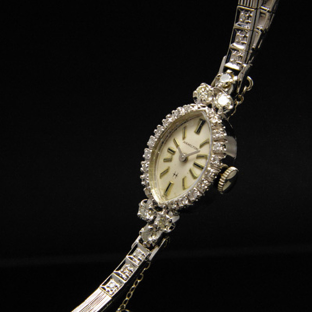 ハミルトン ダイヤ装飾 14KWGケース＆ブレス アーモンドシェイプ アンティーク 手巻き レディースウオッチ
