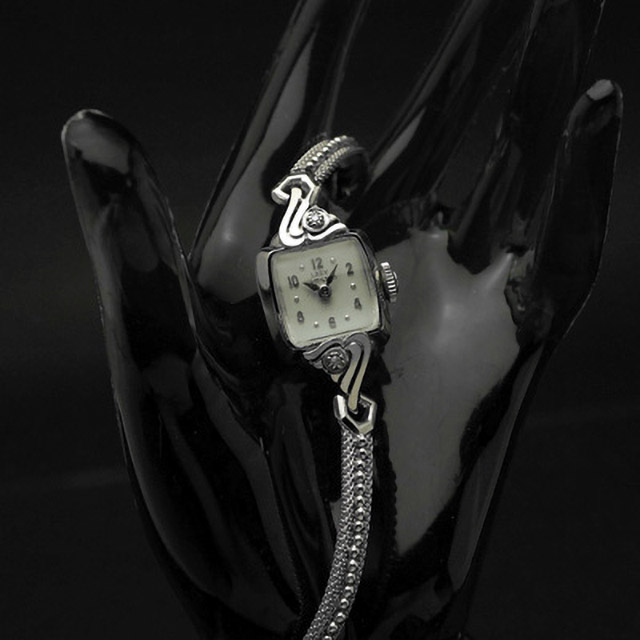 ハミルトン レディーハミルトン ダイヤ装飾 14KWGケース スクエアシェイプ アンティーク 手巻き レディースウオッチ